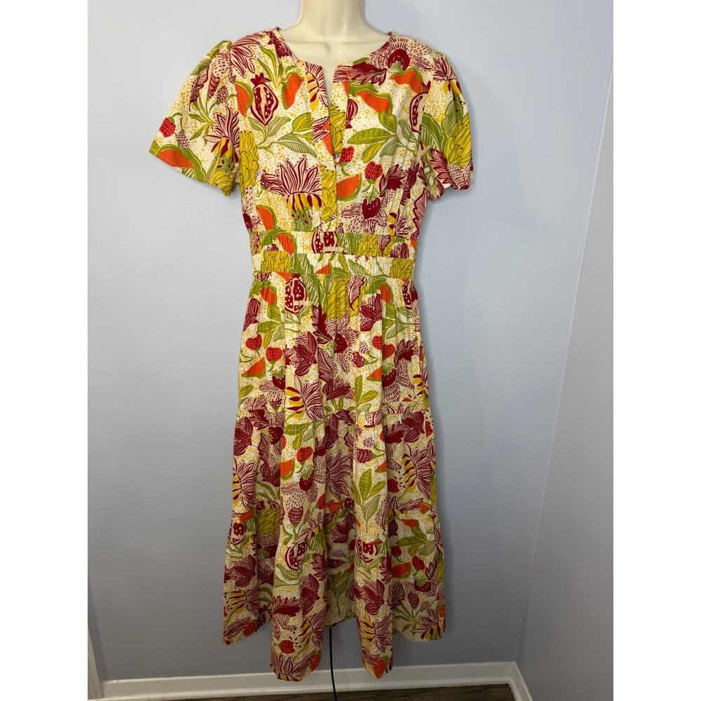 LEA Tropical Floral Midi Dress Cotton Vacation Beach Women's M